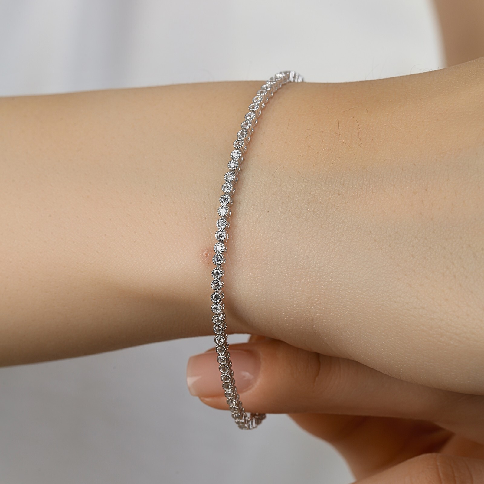 Solid Silver 925 Sterling Shiny Stone Chic Women Bracelet, Tennis Bracelet