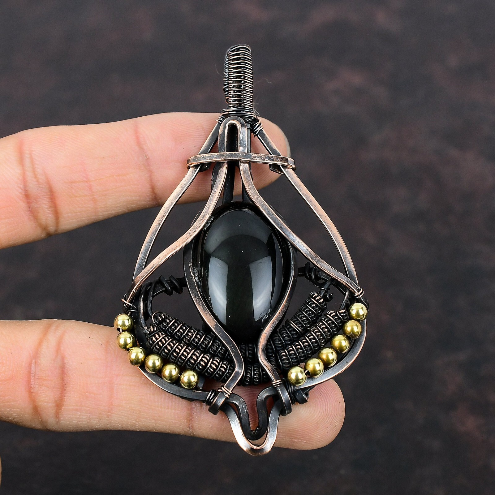 Black Obsidian Gemstone Jewelry Copper Sister Gift Wire Wrapped Pendant 3.46″