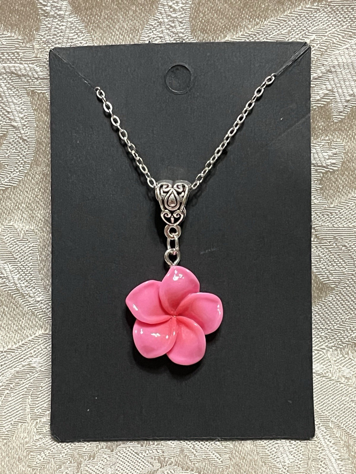 Deep Pink Floral Camellia Flower Resin Pendant Silver 18” Necklace Boho Fashion