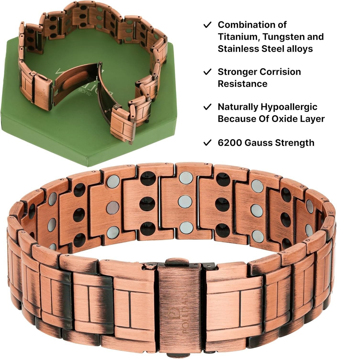 Pulsera de cobre con potencia de 6200 Gauss para hombre, Cobre puro 3X Power