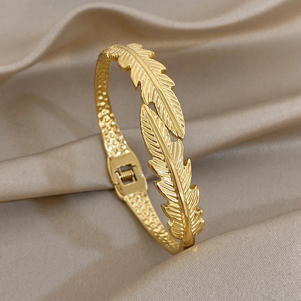 Vintage Leaf Wrap Cuff Bangle Bracelet for Women Men Chic Gold Plated Stainless