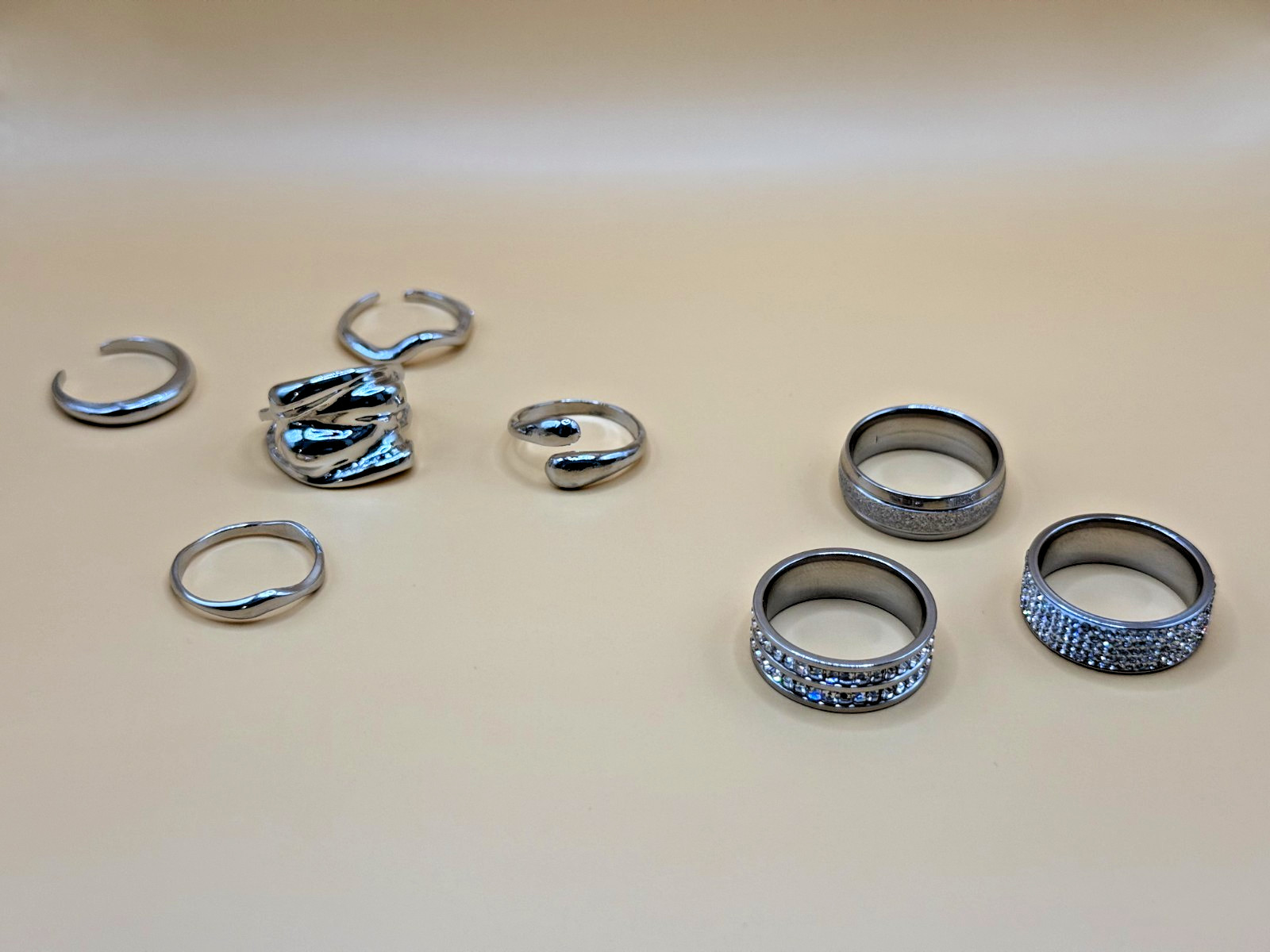 8 Pc Fashion Ring Lot – Adjustable & Fixed Rings – Cubic Zirconia Silver Tone