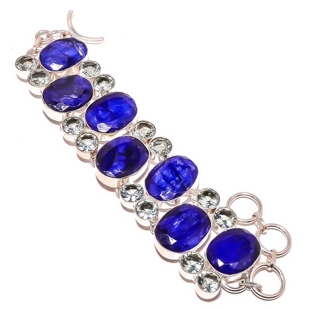 Blue Sapphire, Aquamarine (Simulated) Silver Plated Ethnic Bracelet 7-7.99″ TB8