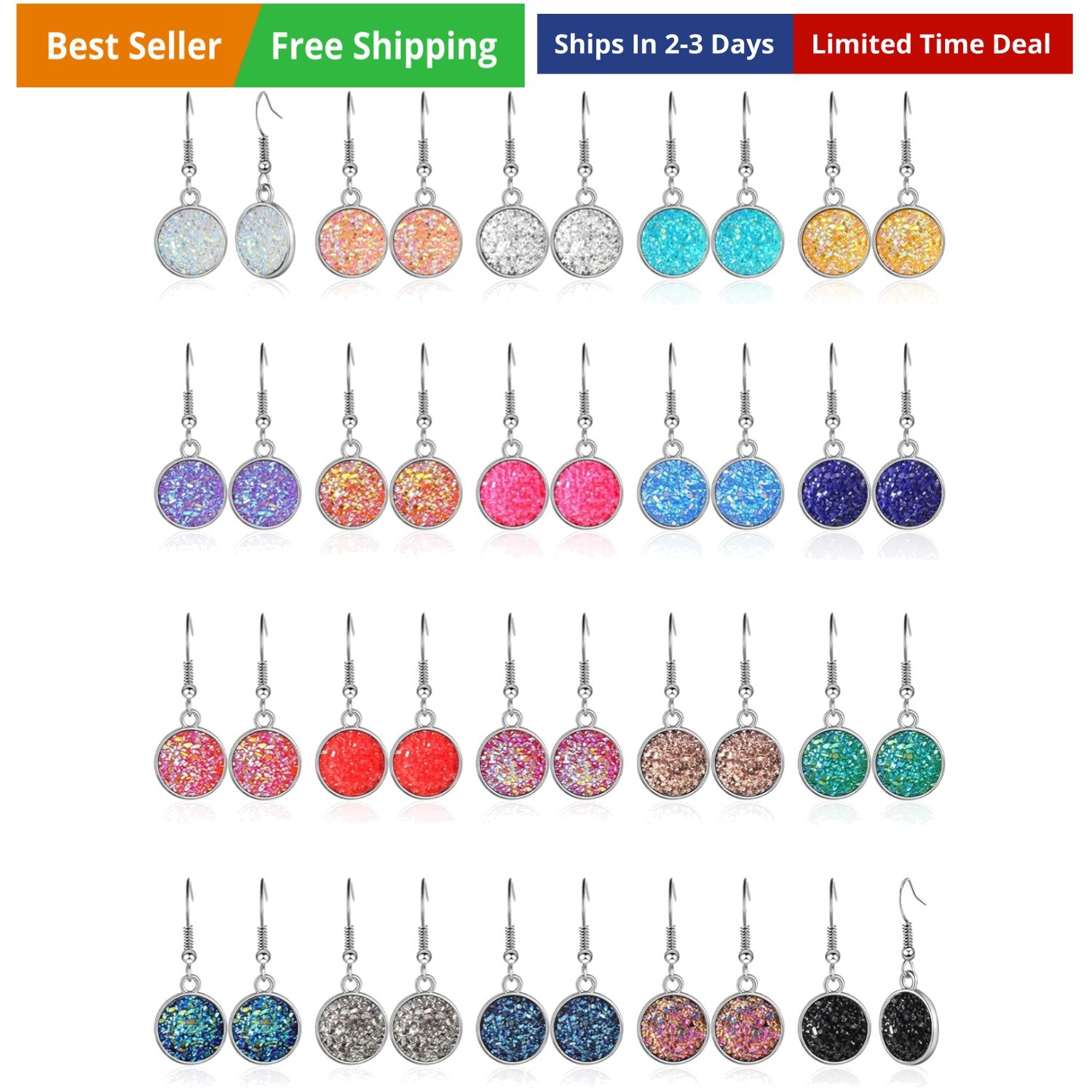 20 Pairs Faux Druzy Drop Earrings Colorful Simulated Stone Dangle Rainbow Cry…