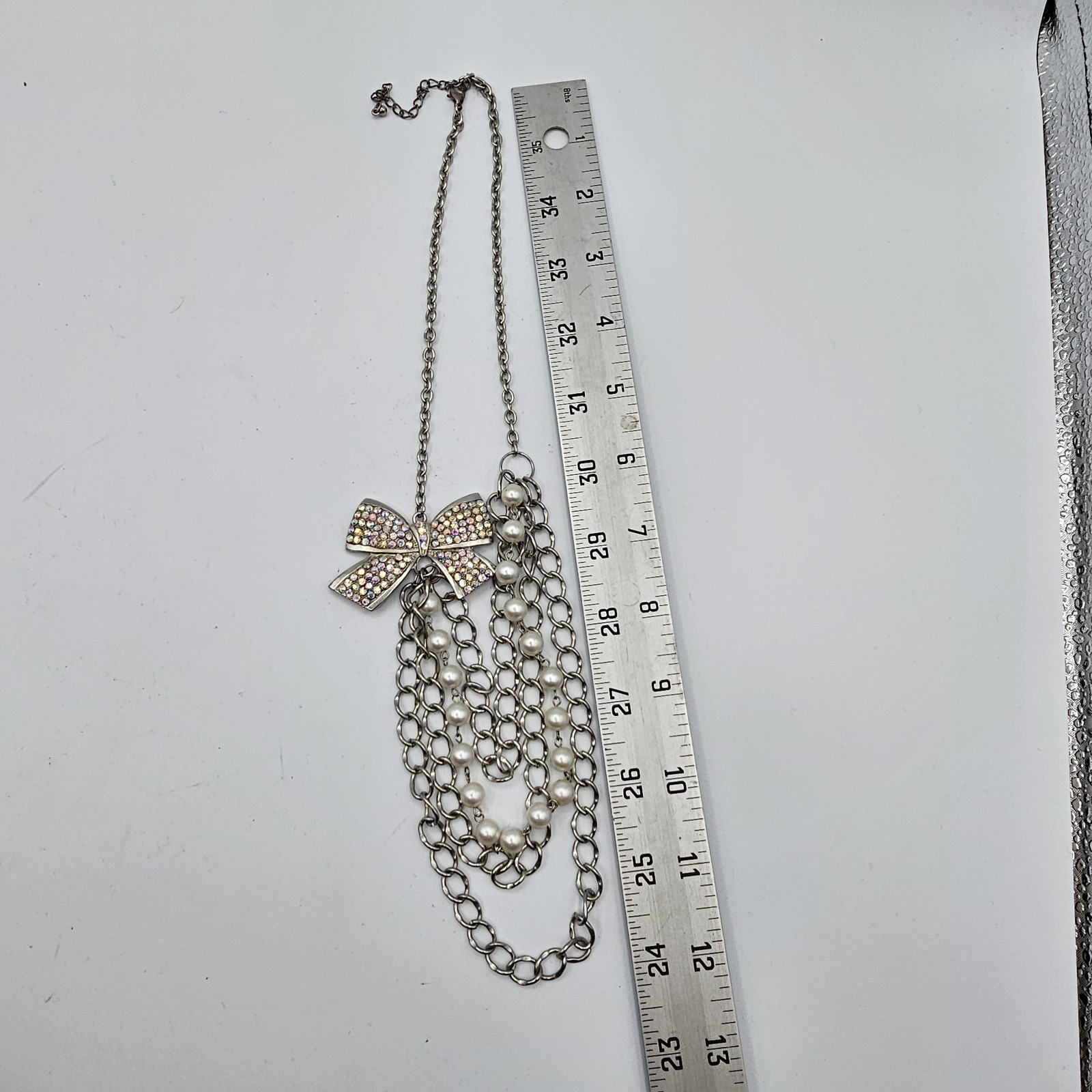 Silver Tone Bow Statement Necklace Faux Pearl Layered Chain Rhinestone