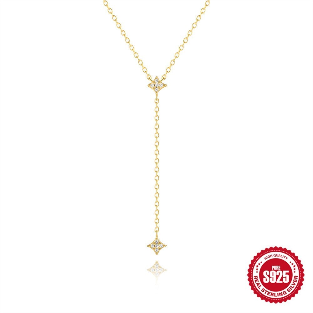 Gold Plated 925 Sterling Silver CZ Four Point Star Y Lariat Necklace