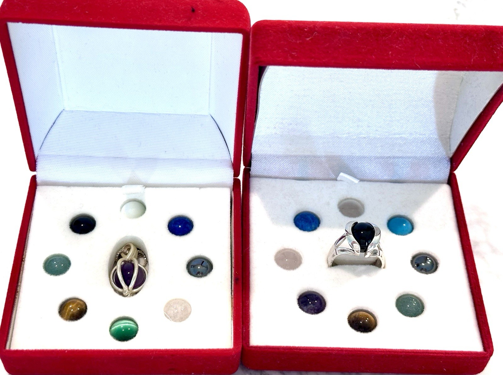 Vintage Interchangeable Gemstone Ring Necklace Set 16 Stone Orbs Y2K In Box