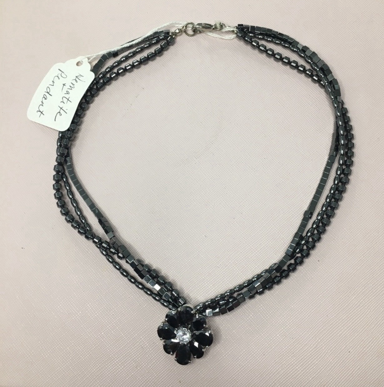 Hematite Necklace Flower Charm Pendant Crystal