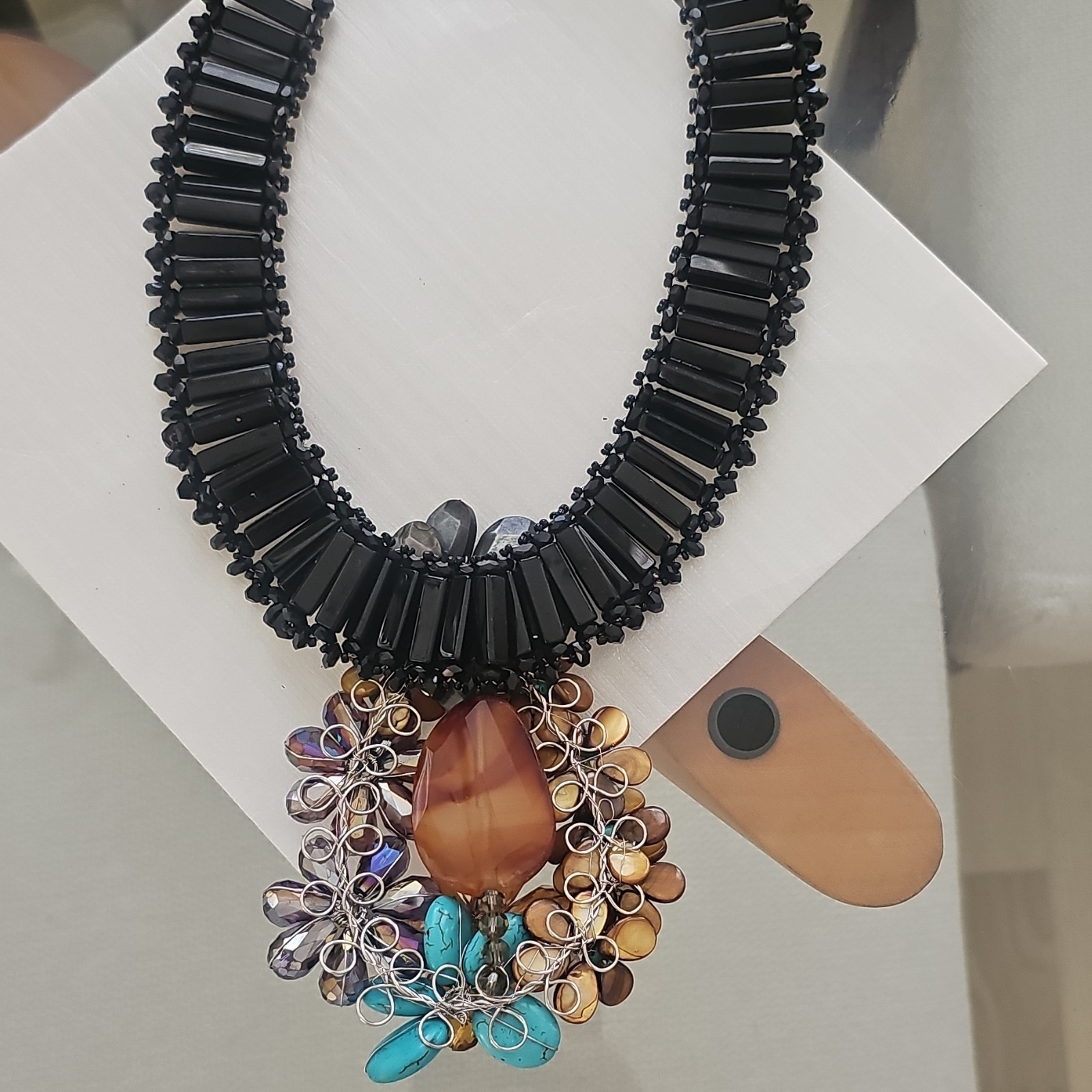 Black Beaded Statement Bib Necklace Multicolor Teardrop Crystal Pendant