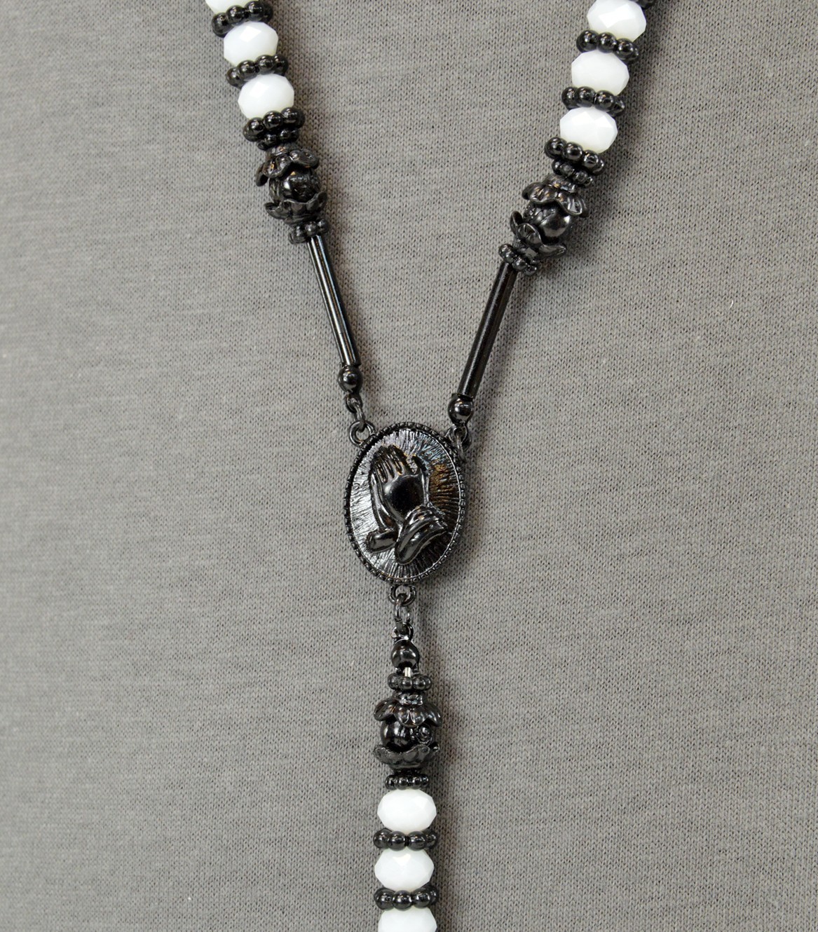 Men’s Hip Hop 8mm WHITE Bead Black Rosary Pray Hand & Jesus Cross Necklace BKWH