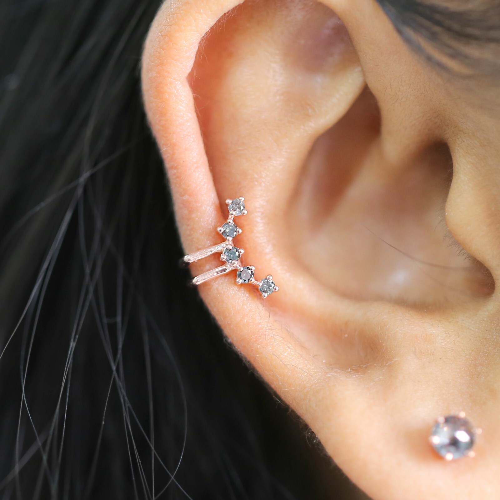 Round Black Grey Diamond Ear Cuff 14K Rose White Yellow Gold Ear Cuff KD1070