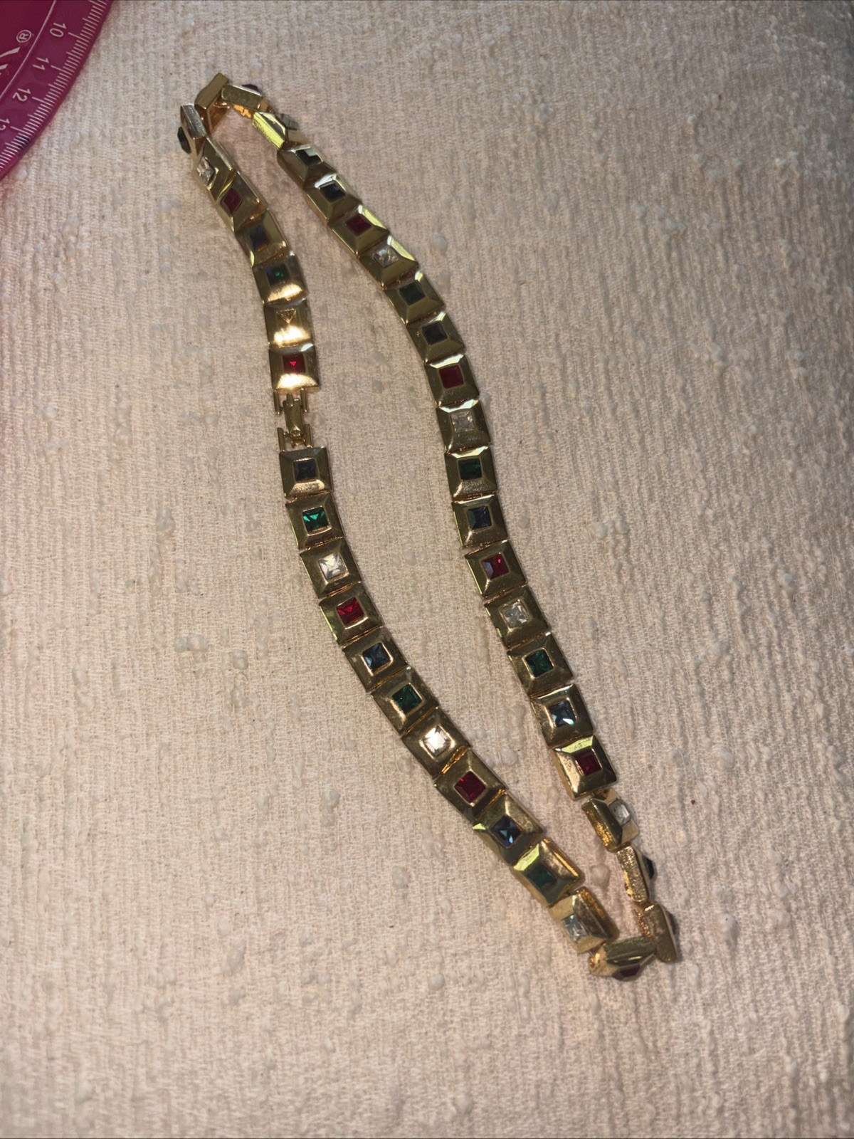 Colorful Squares of Rhinestones Set in Gold Toned Necklace