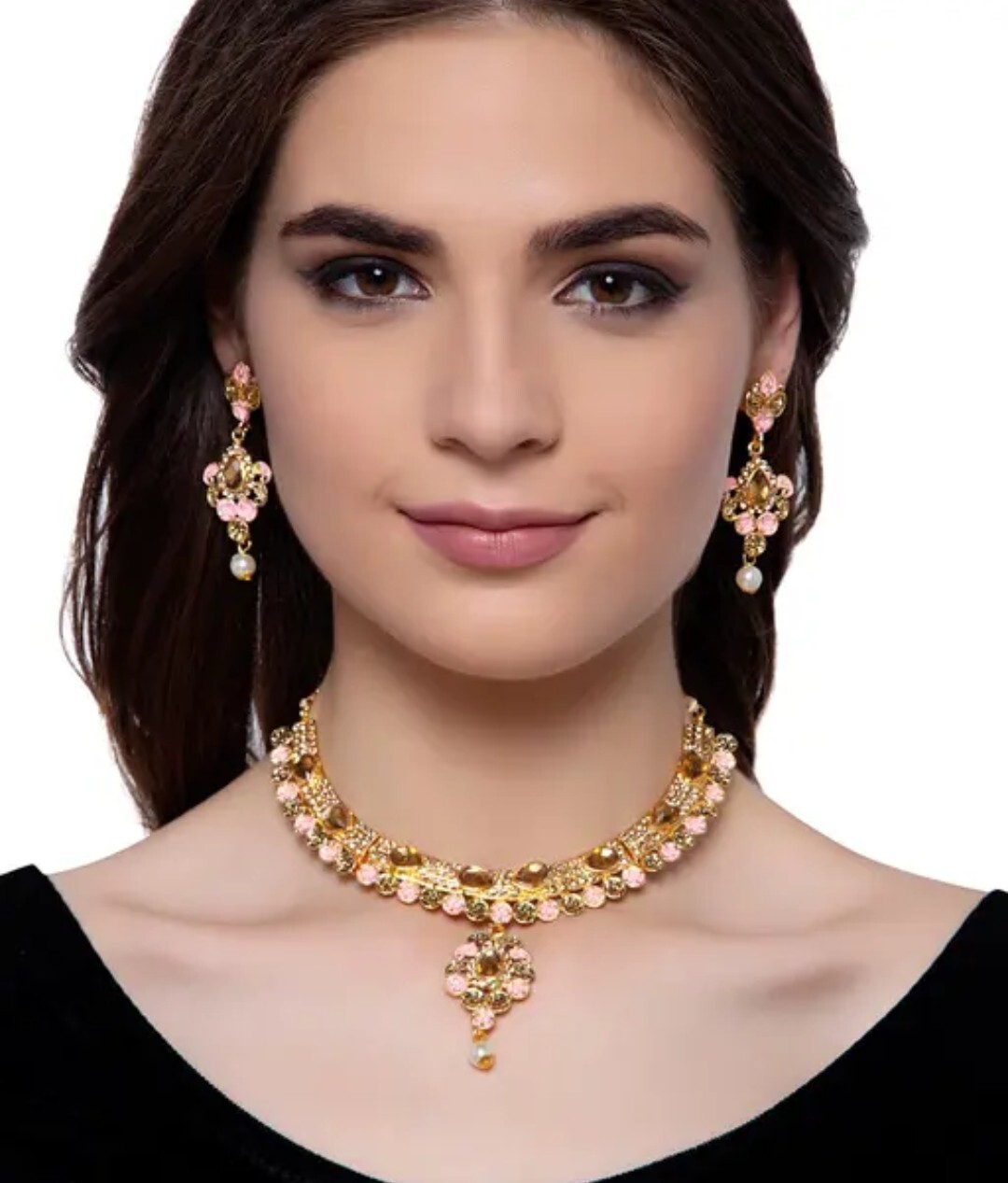 Traditional Enamel Stone Studded Gold Plated Pink jewelry set