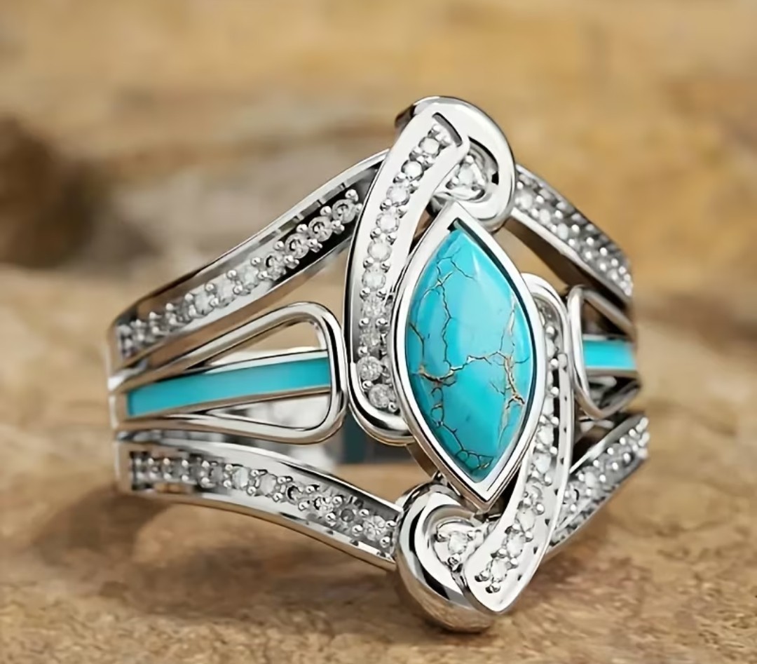 Silver Tone Blue Turquoise Marquise Band Ring Size 8 with Pave Accent