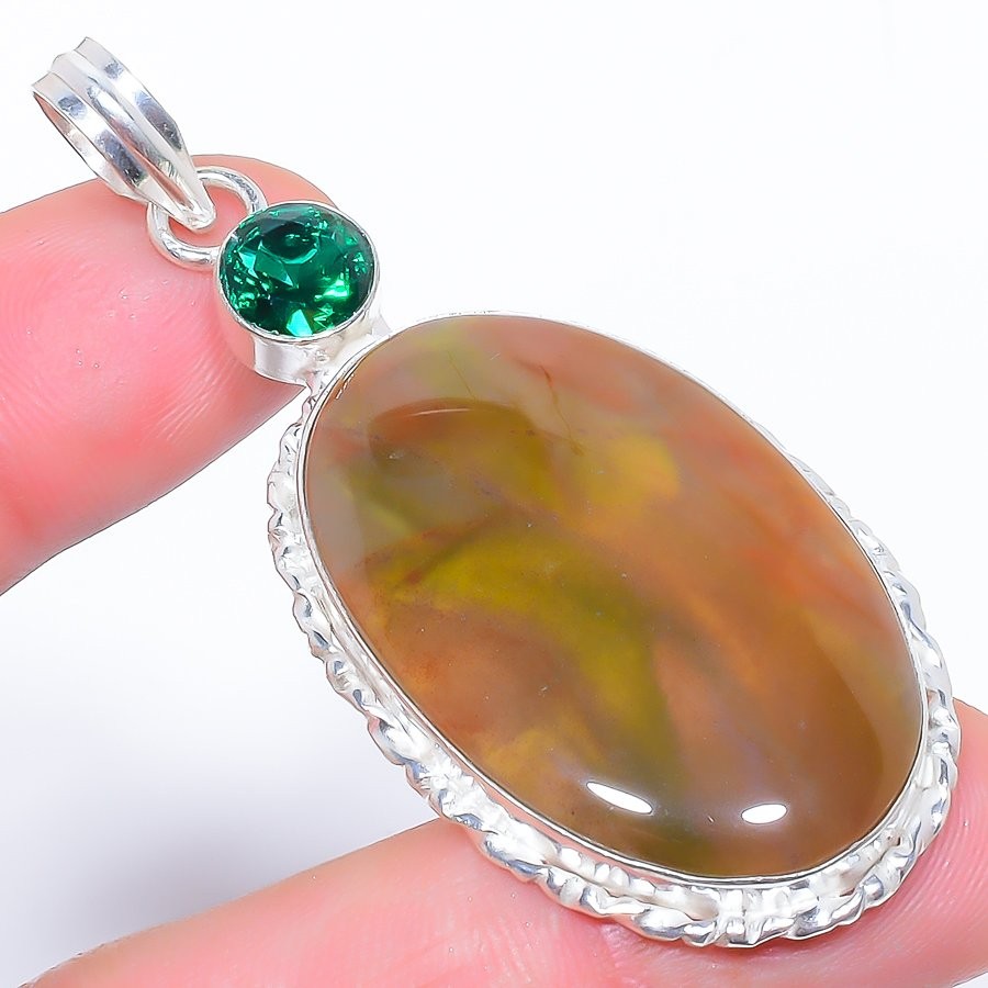 Natural Rhyolite & Tsavorite 925 Silver Plated Jewelry Pendant 2.6″ W2423