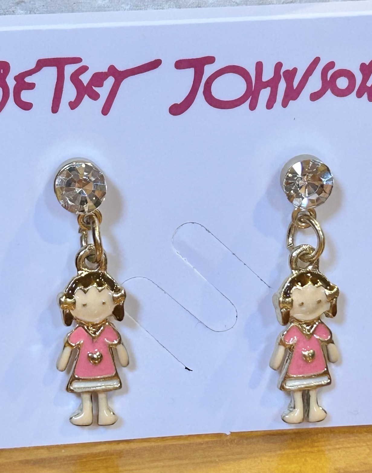 Betsey Johnson Pink Enamel Crystal Sisters Best Friends Dangle Earrings NWT