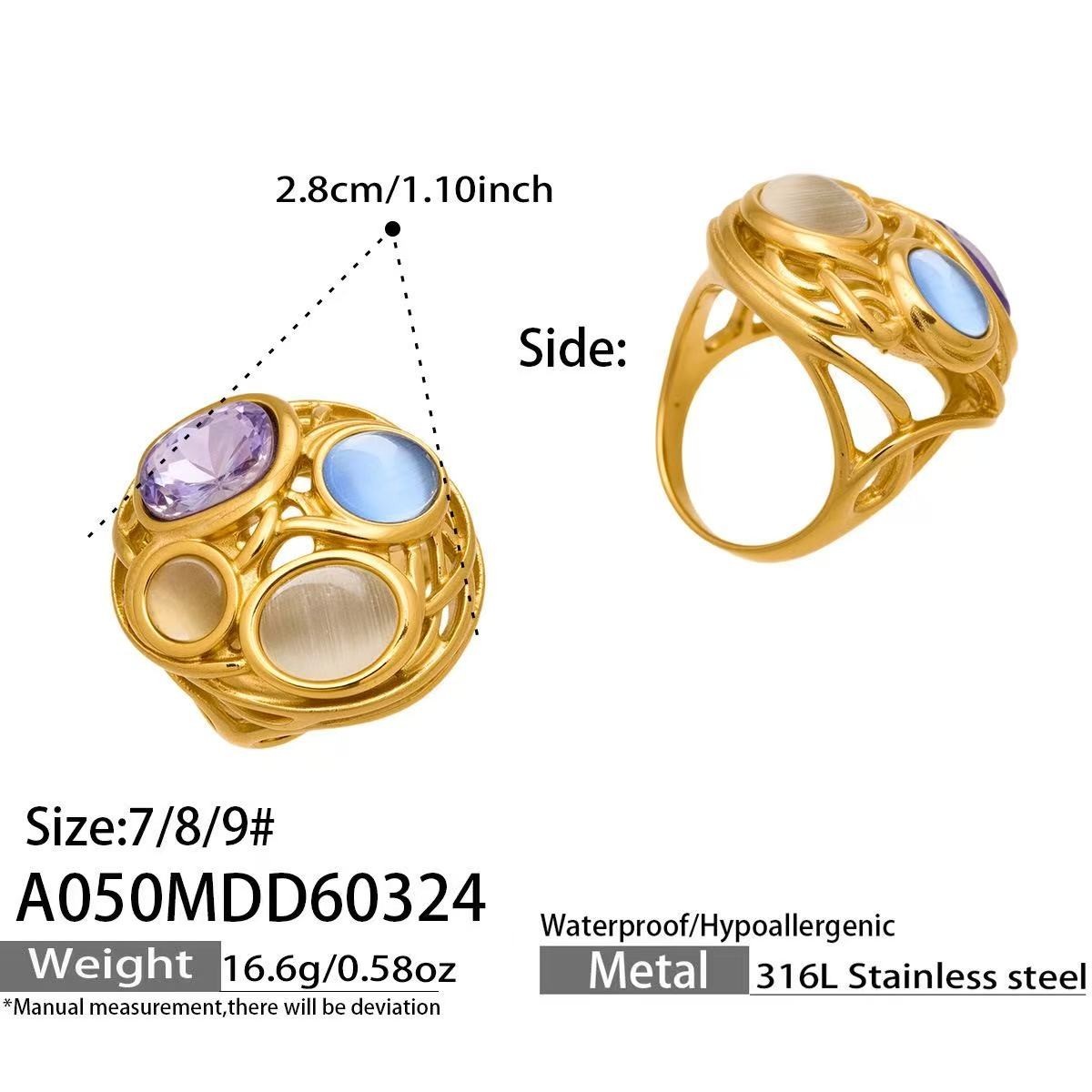Woman 18k Gold Plated Simulated Opal Multicolor CZ Band Ring Anti-tarnish 7/8/9