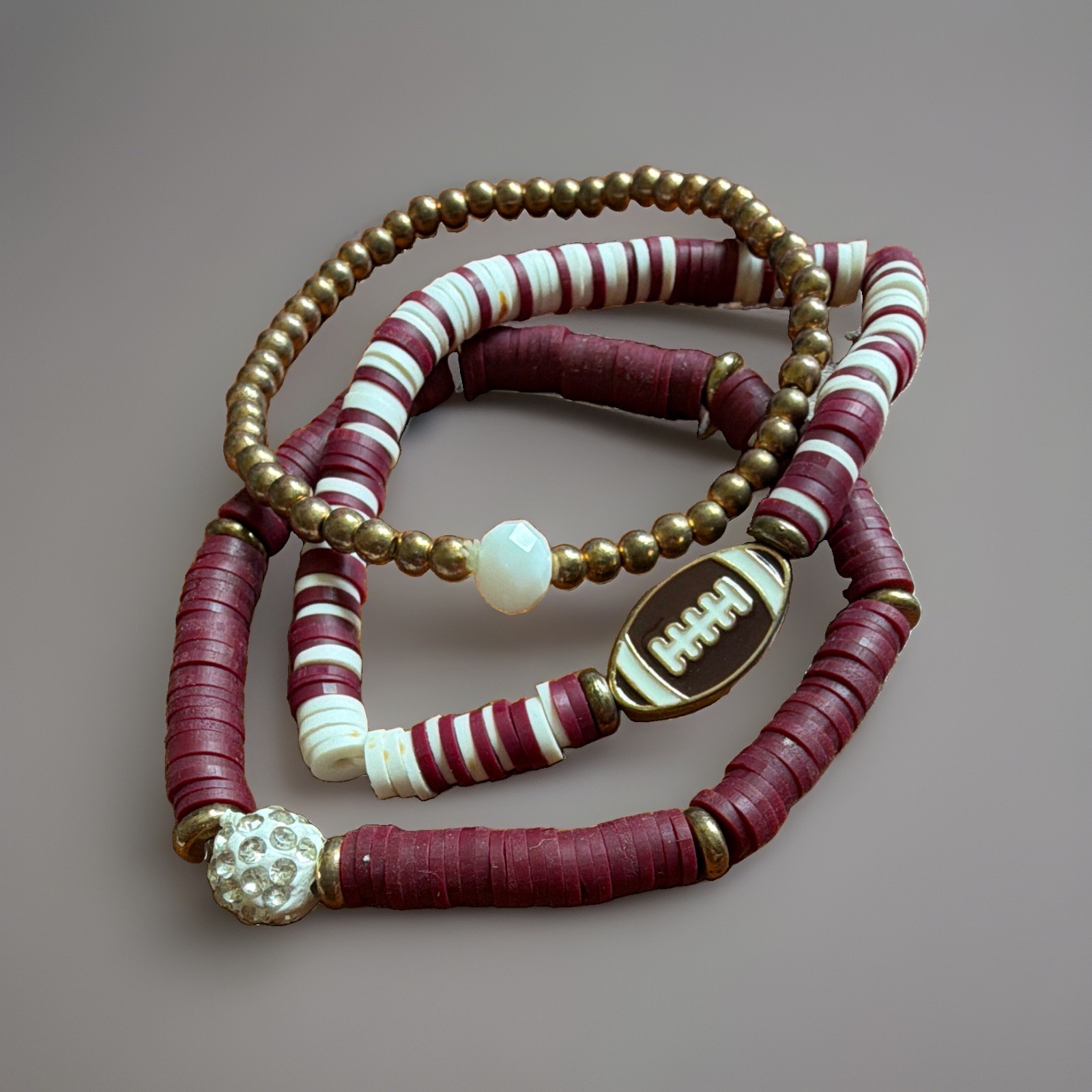 Game Day Maroon/White Bracelet Stack – White Gold Beaded Stretch Stack Bracelet