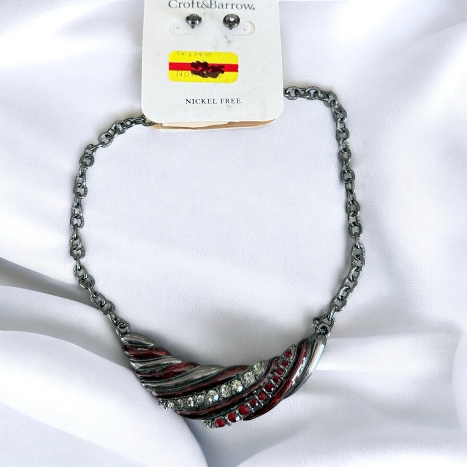 Croft & Barrow necklace and earrings set gun metal red enamel rhinestone NWT