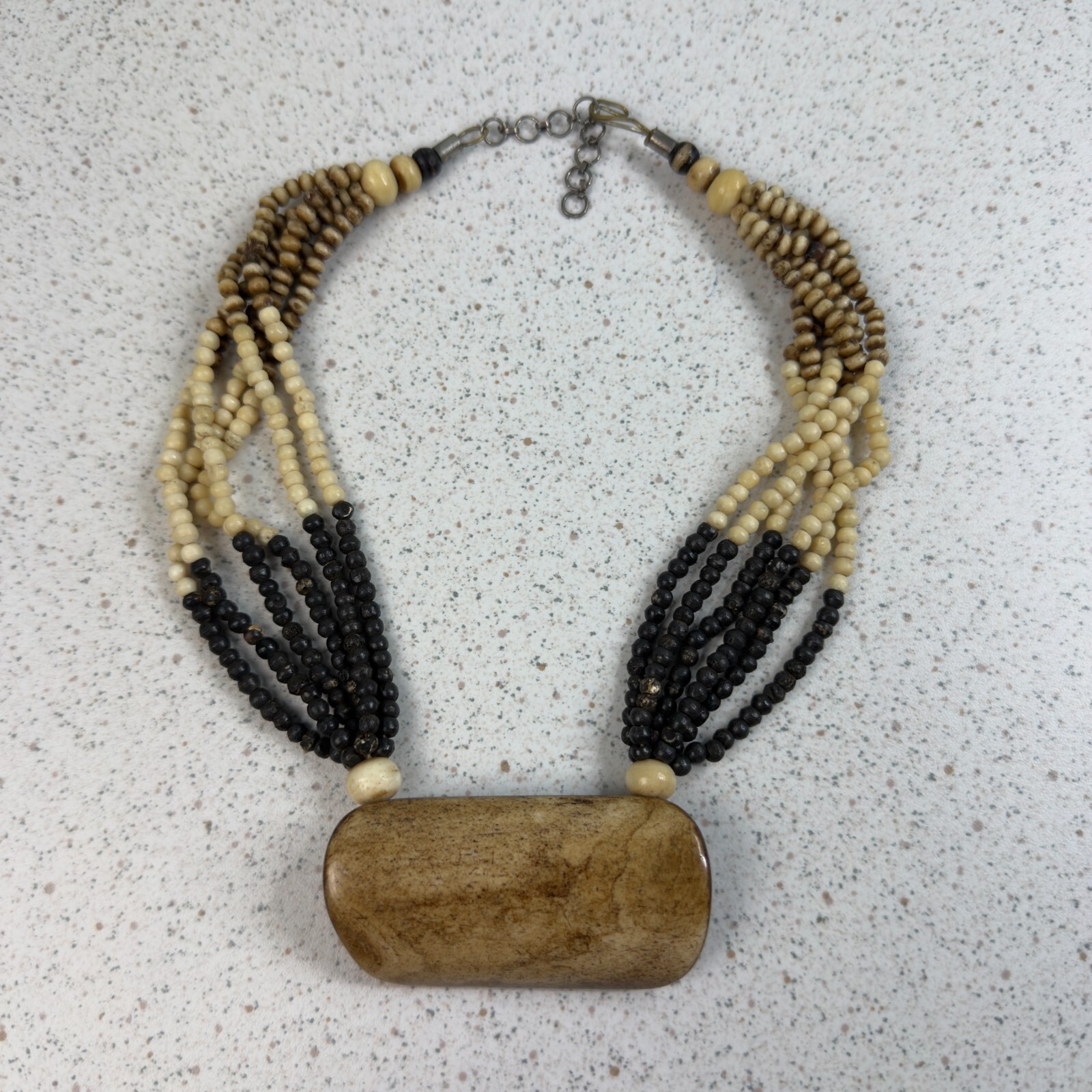 Boho Wood Center Piece Multi Strand Beaded Bib Collar 19″ Long Necklace