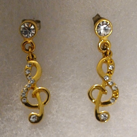 Gold Tone Clear Crystal Treble Clef Dangle/Drop Earrings Butterfly Closure