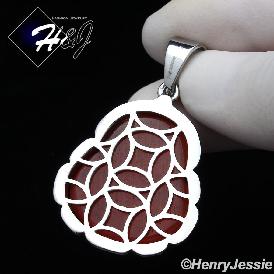 18″-36″MEN Stainless Steel 3mm Silver Box Chain Carnelian Rhinestone Pendant*117