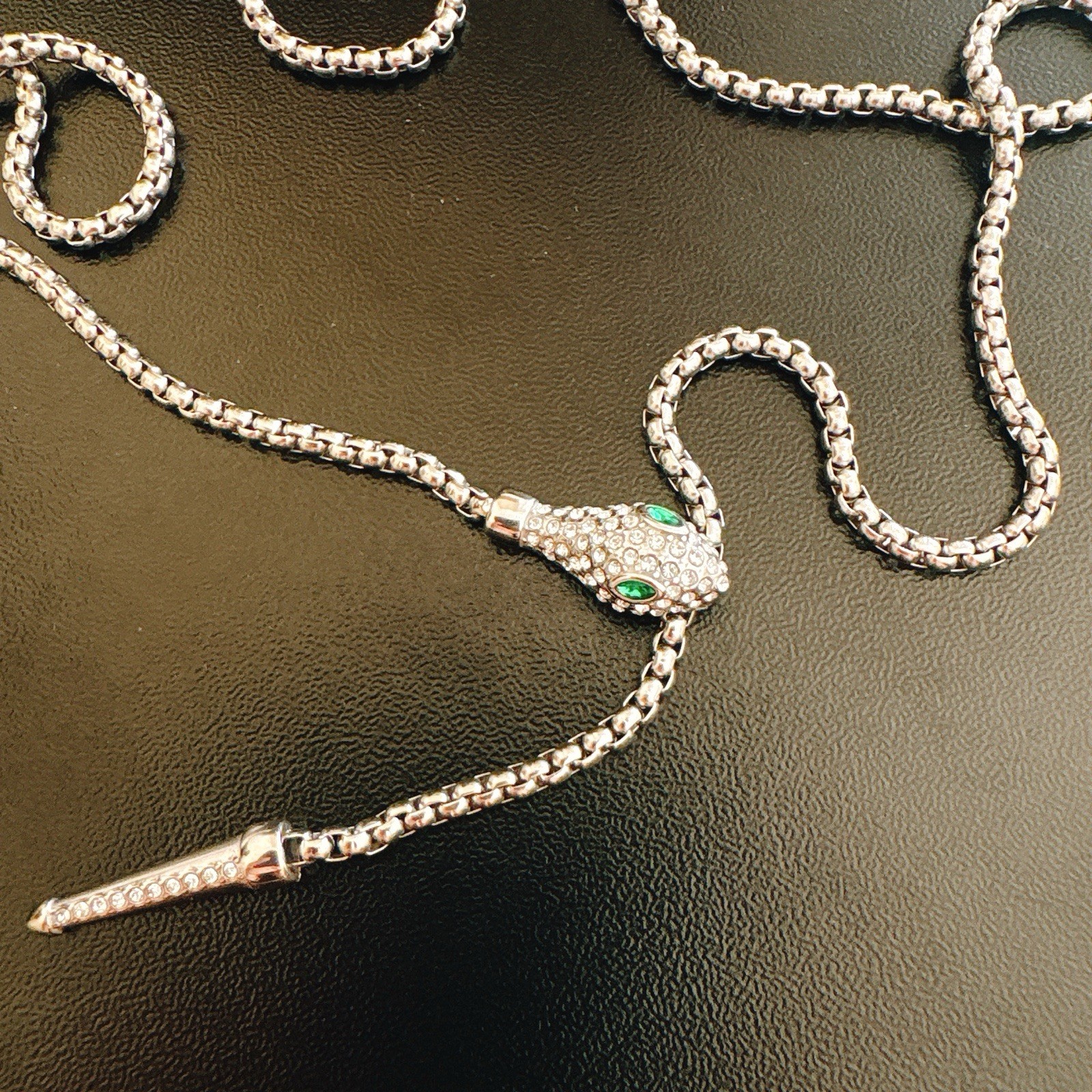 Silver Tone Snake Lariat Necklace 65cm Stainless Steel 18K White Gold Plated CZ