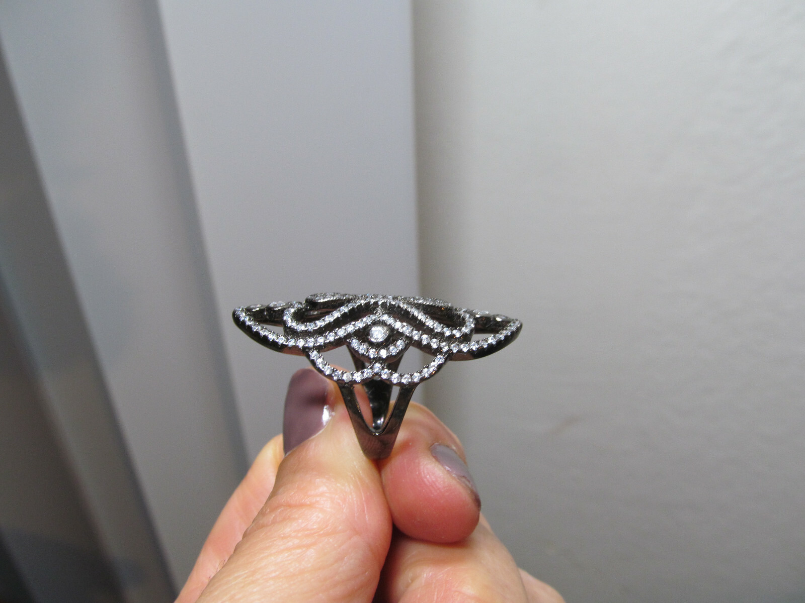 925 Gun Metal Sterling Silver Filigree Navette shaped CZ crystal Ring 5s, 7.2g
