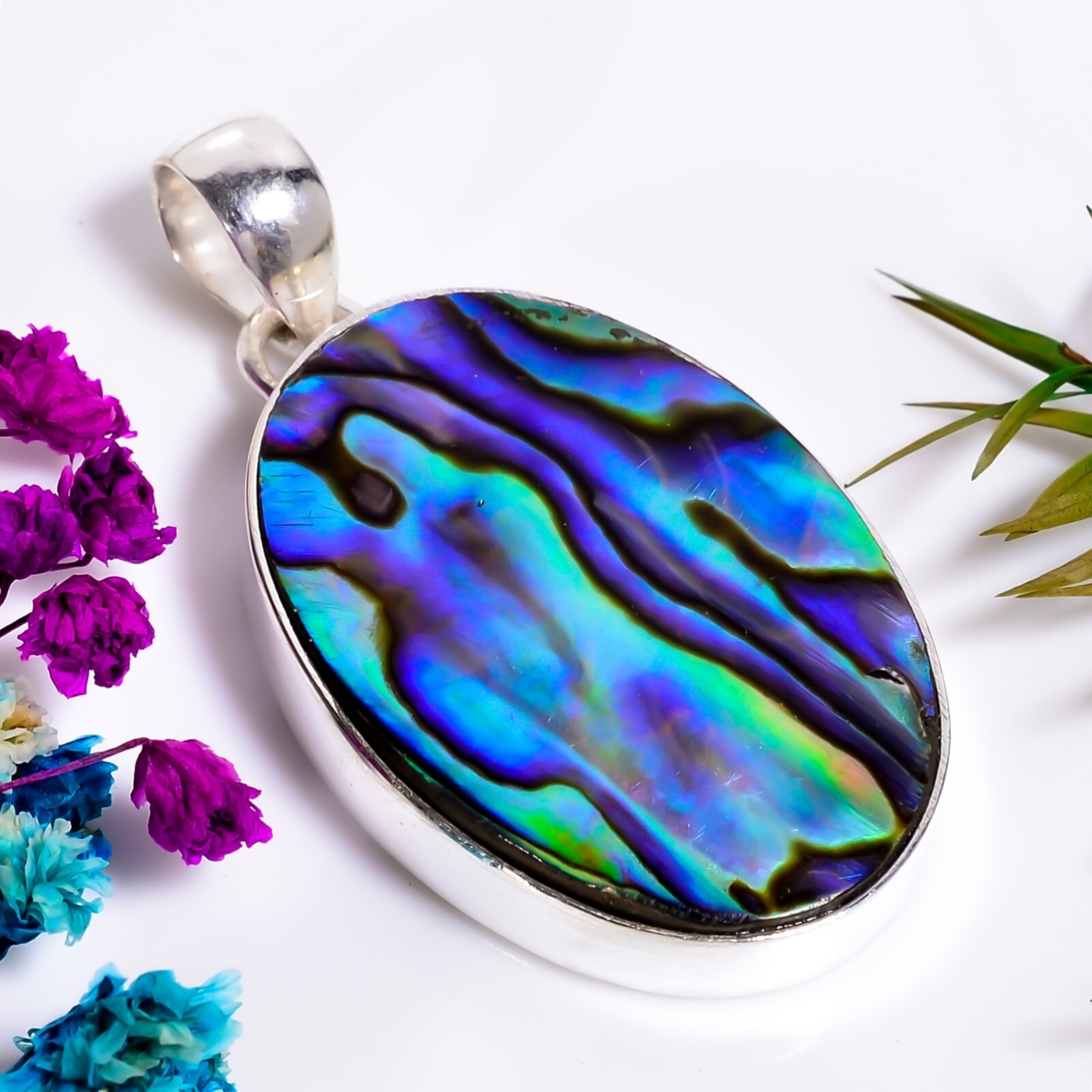 Abalone Shell Gemstone Ethnic Handmade Jewelry.925 Silver Pendant