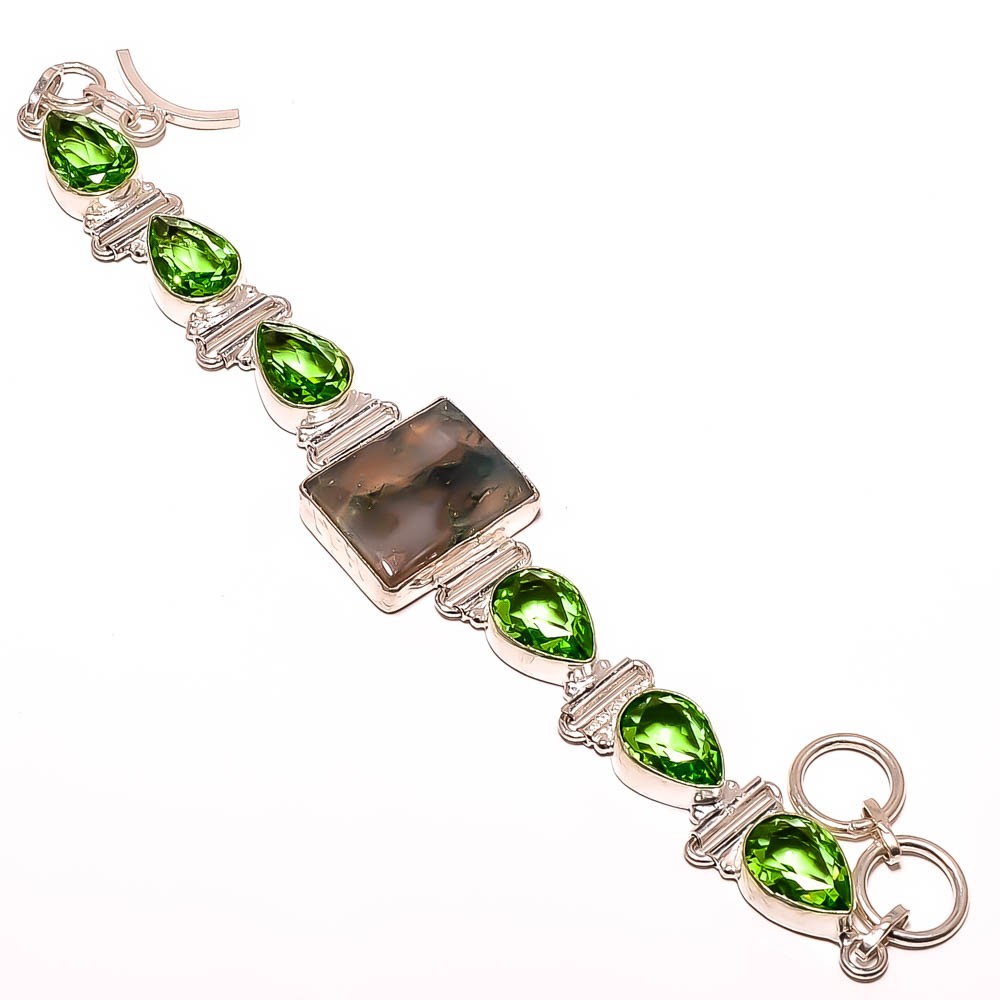 Moss Agate – India 925 Sterling Silver Link Bracelet 7-7.99″ B7