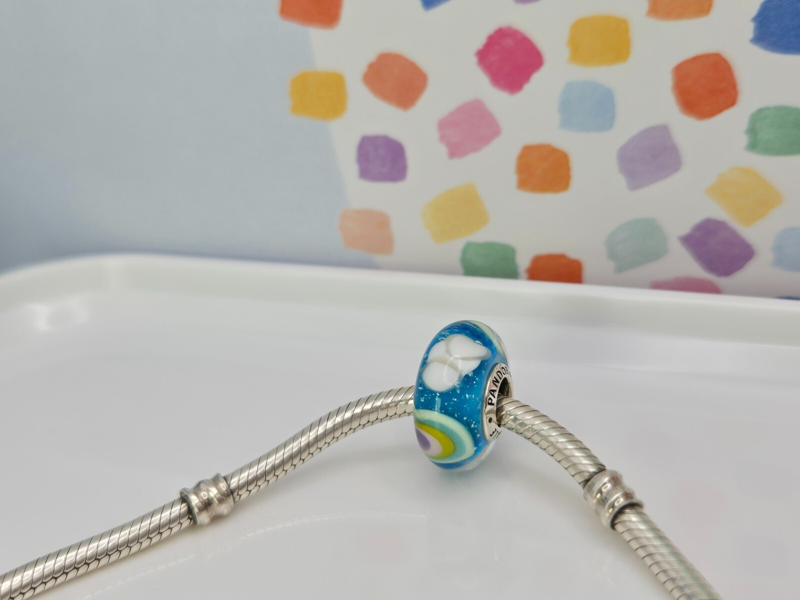 Authentic Pandora Blue Murano Rainbow Murano Glass Silver Charm