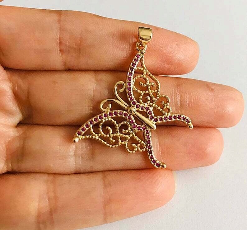 18K gold filled Ruby Butterfly Pendant Charm/18k gold filled dije Mariposa – P32