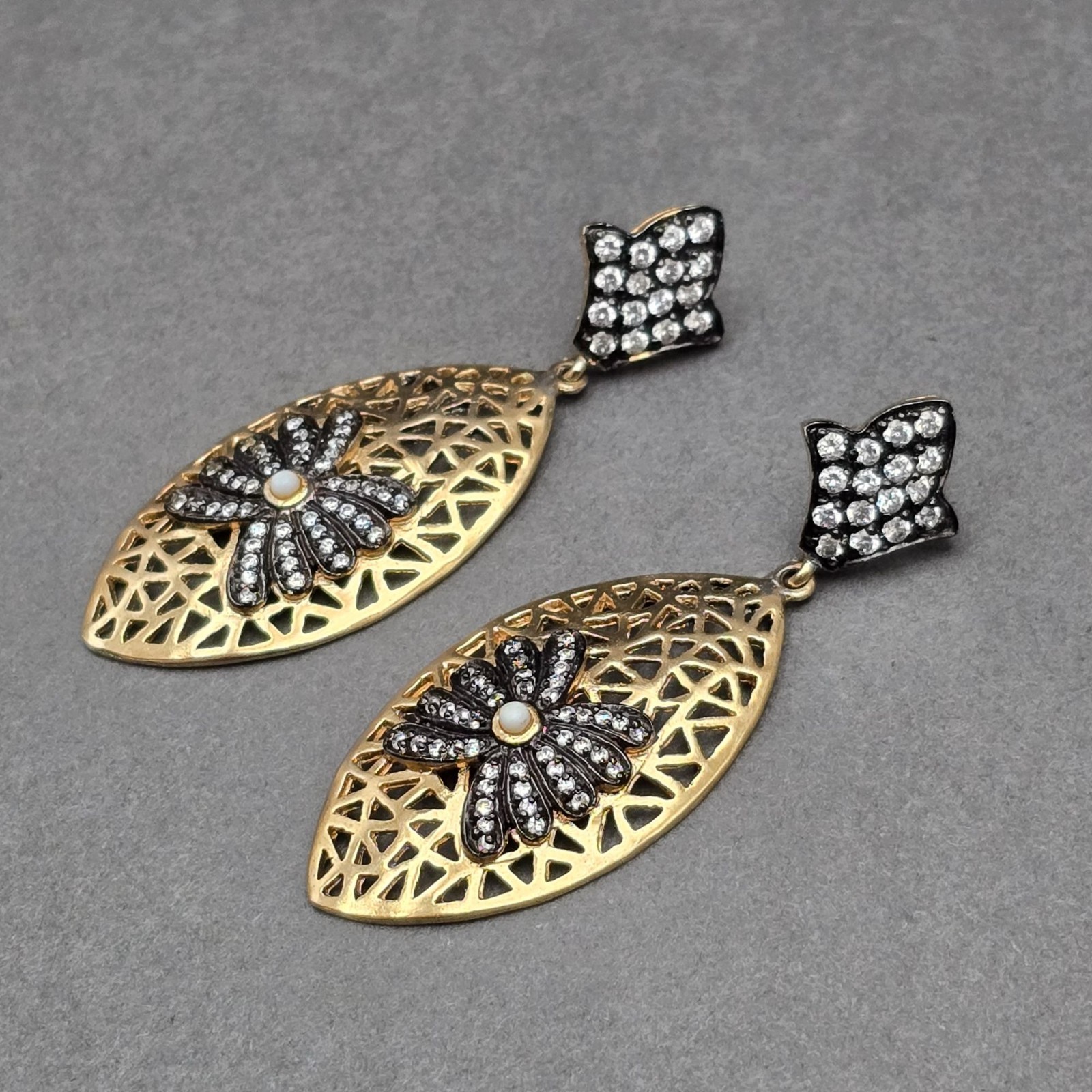 Esha Gold Plated Rhinestone Filigree Dangle Earrings 2.25″ Designer Modern Post
