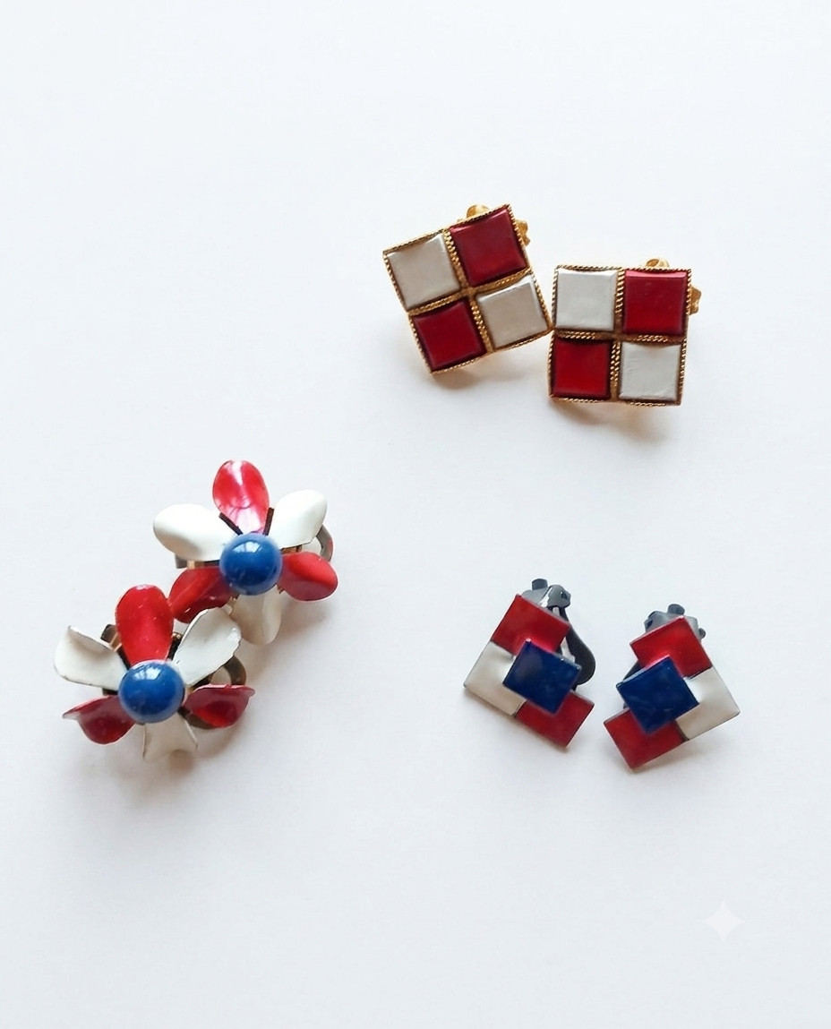 Lot of 3 Pairs Vintage Italian Stud Earrings, Geometric Enamel & Floral Designs