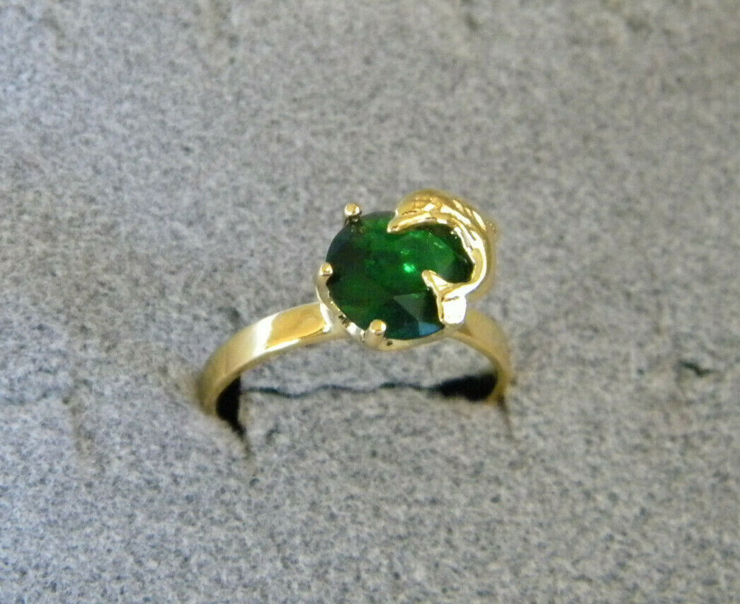 Girl’s Lady’s Women’s Yellow Gold Plated Dolphin Ring Round Green 6mm CZ Size 7