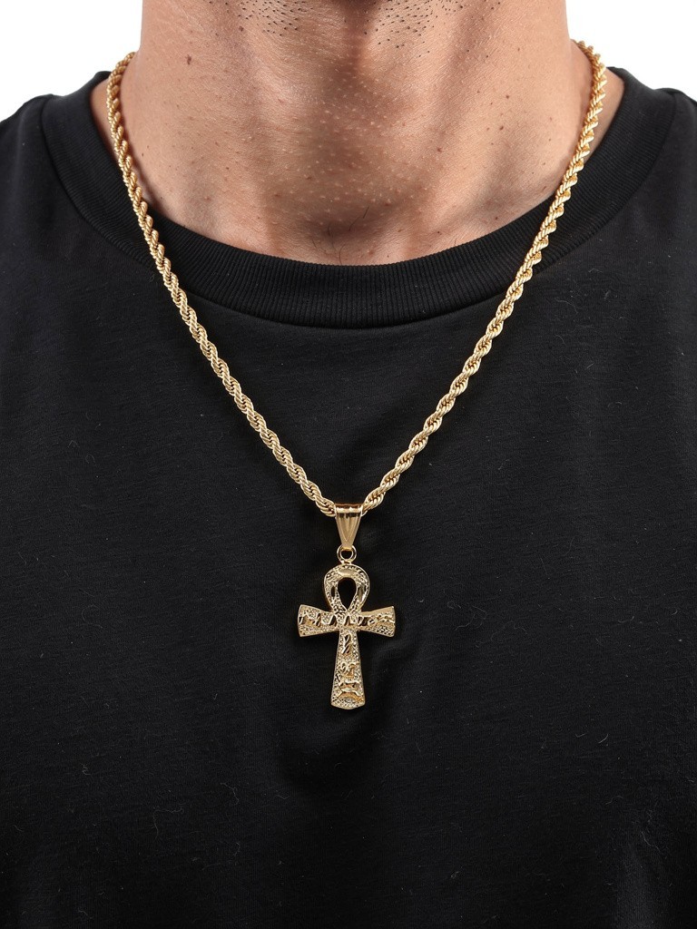 Gold Ankh Necklace for Men, Large Textured Ankh Cross Pendant, 4mm French Rope
