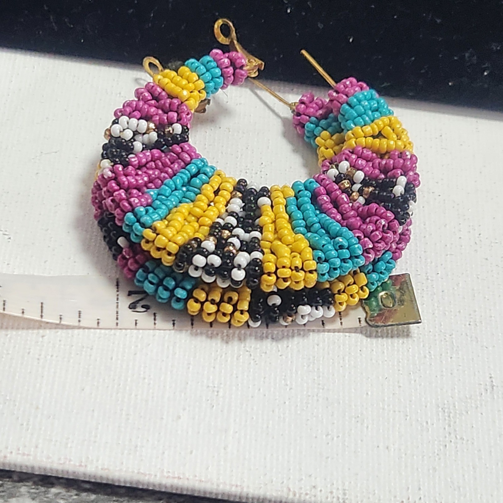 Multicolor Seed Bead Hoop Earrings Boho Striped Pink Turquoise Yellow Chunky 2″