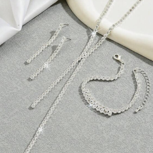 Bridal Prom Crystal Necklace Set Bracelet Earrings Silver Elegant Jewelry Set