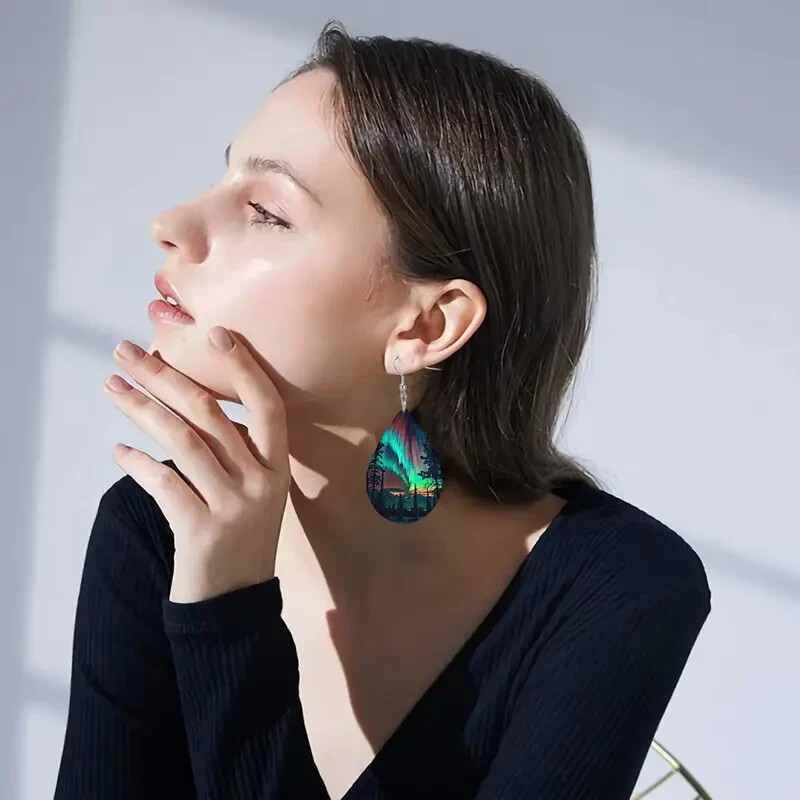 Aurora Forest Scenery Graphic Print Dangle Earrings PU Leather Boho Stylish New
