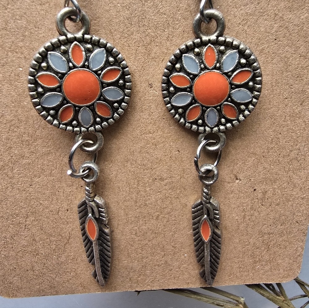 Southwestern Feather Dangle Earrings | Orange & Gray Boho Earrings | Rustic