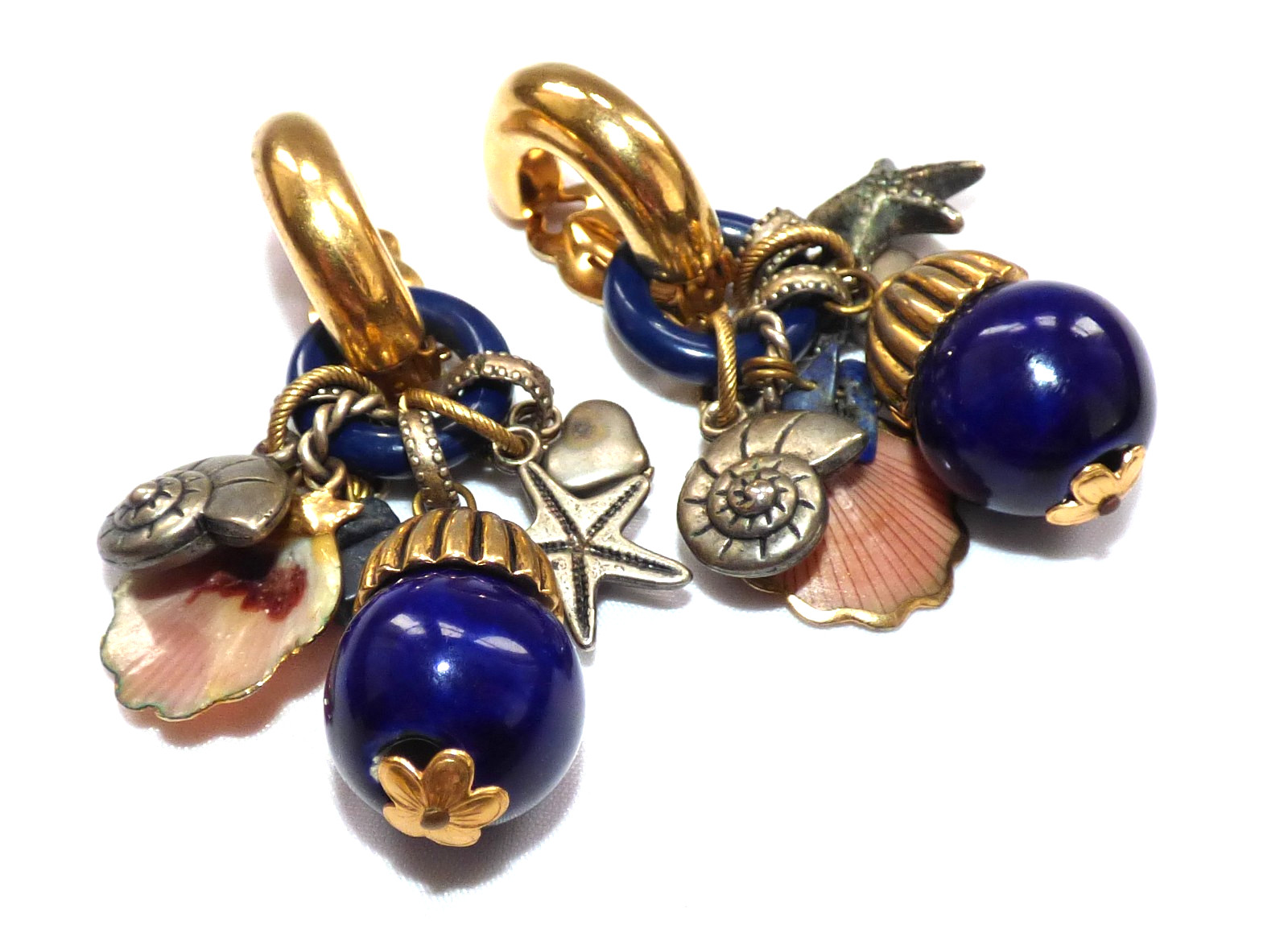 VINTAGE 1980’s ZOE COSTE CHARM DROP EARRINGS SEASHELL & LAPIS DROPS SIGNED