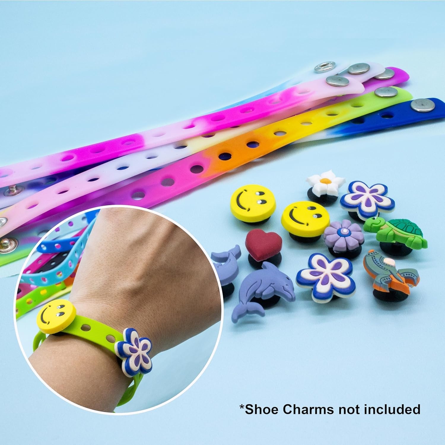 Fun-Weevz 12 Silicone Charm Bracelets, Adjustable 8 Inch Wristbands