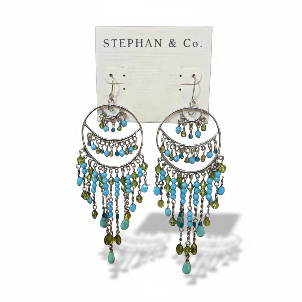 Stephan & Co Women’s Boho Dark Silver Blue Green Chandelier Earrings NWT