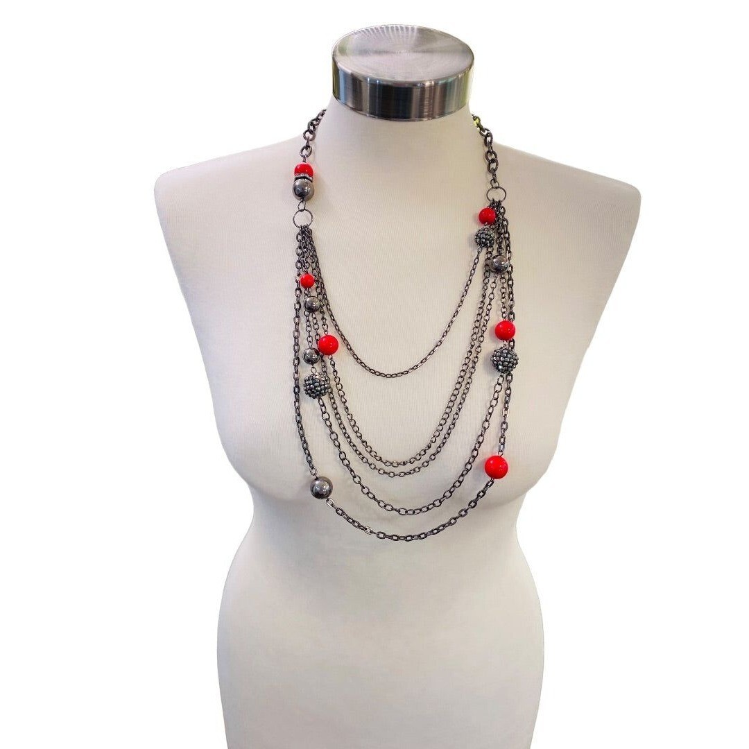 Pewter Color Layered Look Necklace Red Bead Lobster Clasp 27″ Long