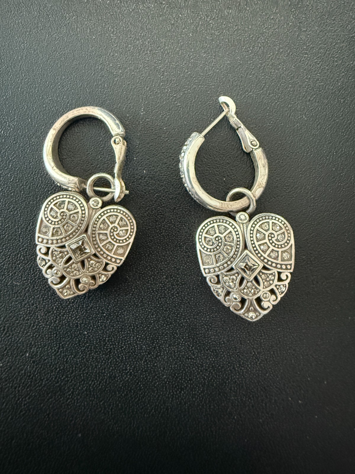 Brighton Silver Tone Heart Rhinestone Earrings Very Good Condition