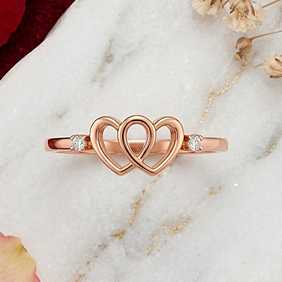 Romantic Double Heart Diamond Ring in 18K Rose Gold | IDT Certified Natural Diam