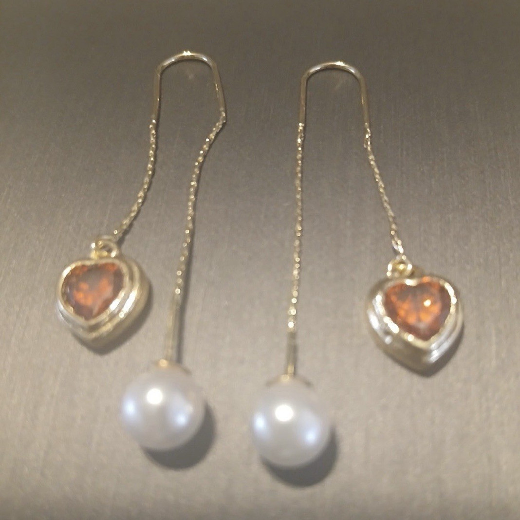 Threader Dangle Drop Earrings Metal White Round Pearl Heart Charm