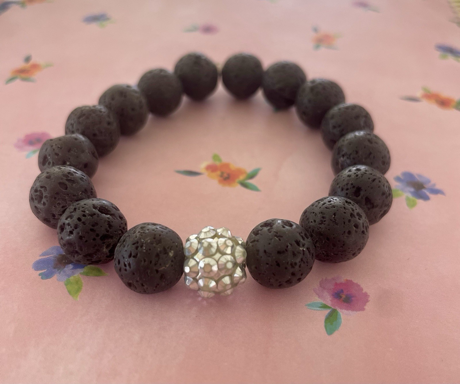 Bohemian Style Black Lava Stone Bead Stretch Bracelet with Silvertone Accent