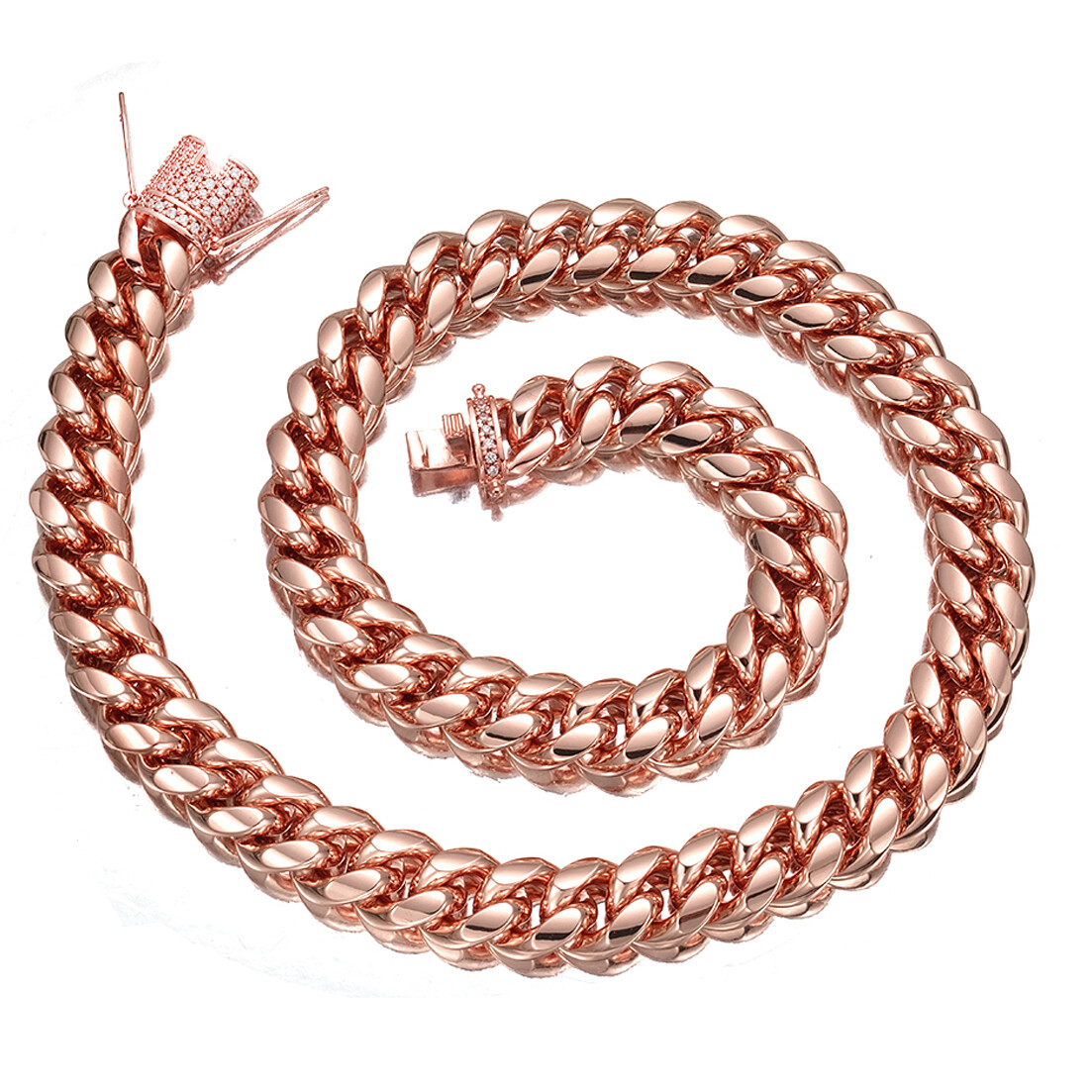 Pink Rose Gold Miami Cuban Link Chain Necklace with CZ Clasp Unisex 10/14MM