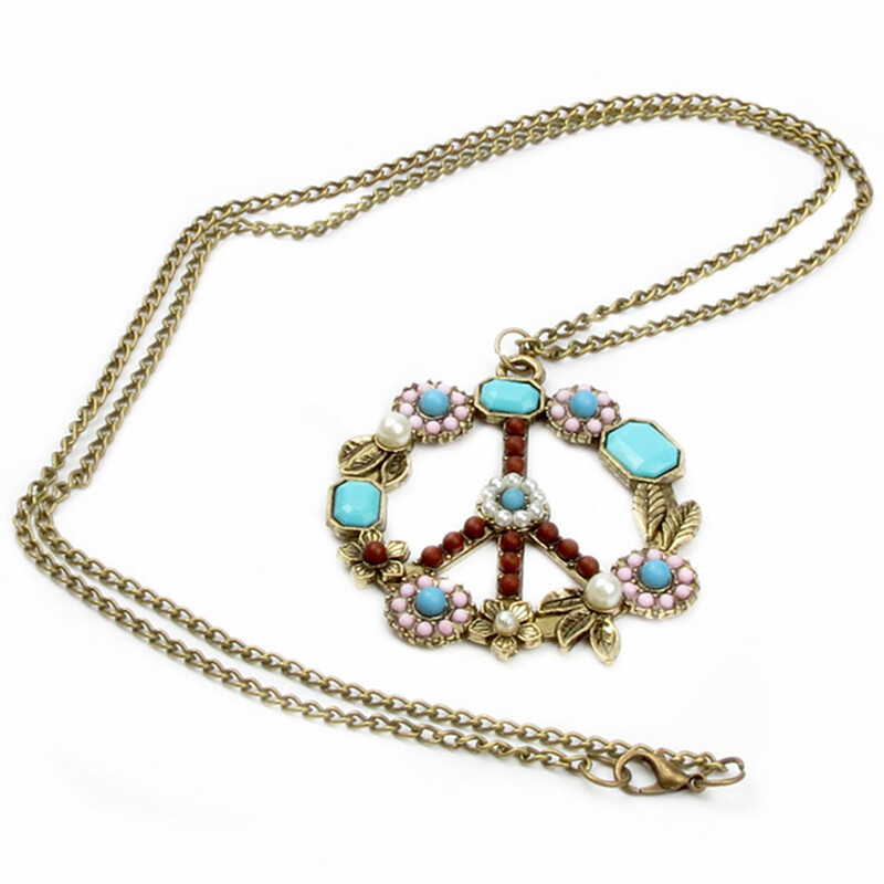 Vintage Long Statement Choker Necklace with Antiwar Peace Sign Pendant